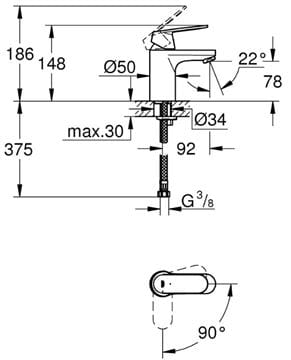 GROHE EUROSMART COSMOPOLITAN umývadlová stojanková batéria, studený štart, chróm 2337600E Technický nákres