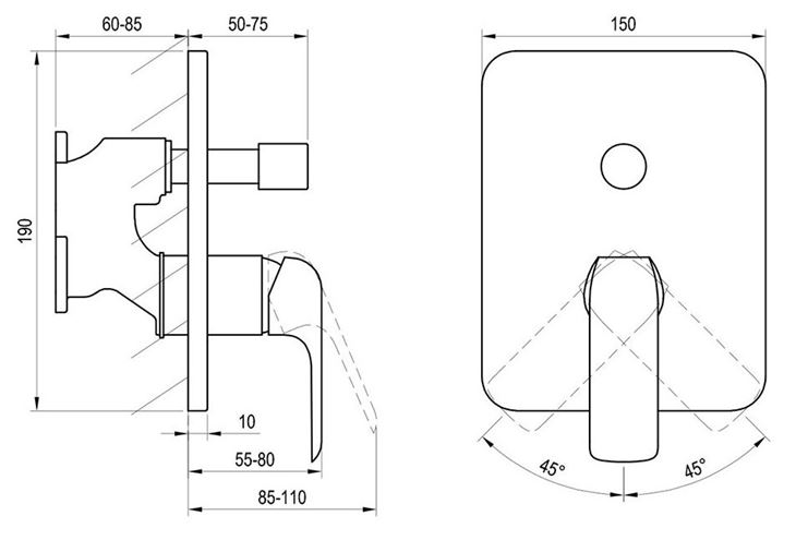 RAVAK FLAT FL 065.00 vaňová podomietková batéria, s prepínačom, chróm X070123 Technický nákres
