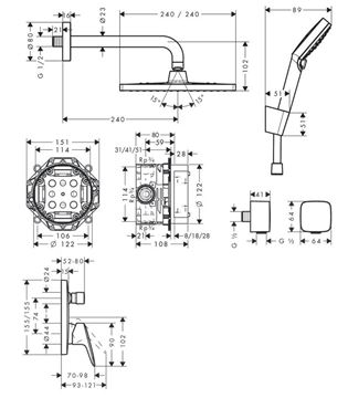 HANSGROHE CROMETTA E 240 sprchový set s podomietkovou batériou, horná sprcha, ručná sprcha s 3 prúdmi, hadica, držiak, kolienko, chróm 27957000 Technický nákres