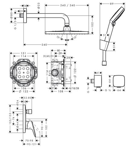 HANSGROHE CROMETTA E 240 sprchový set s podomietkovou batériou, horná sprcha, ručná sprcha s 3 prúdmi, hadica, držiak, kolienko, chróm 27957000 Technický nákres
