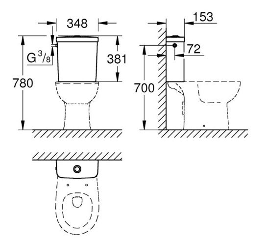 GROHE BAU CERAMIC WC kombi nádržka, bočný prívod vody, alpská biela 39437000 Technický nákres