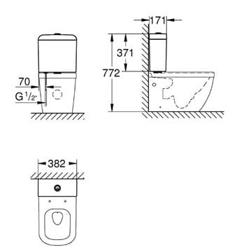 GROHE EURO CERAMIC WC kombi nádržka, spodný prívod vody, 2 množstvo splachovania, alpská biela 39332000 Technický nákres