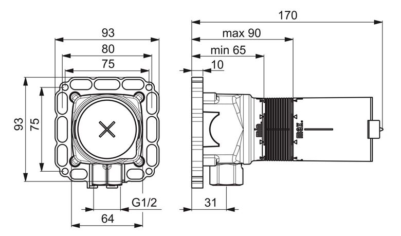 HANSA MATRIX podomietkové teleso DN15 44040100 Technický nákres