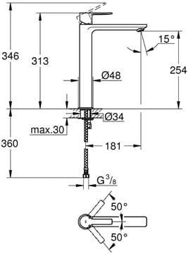 GROHE LINEARE umývadlová stojanková batéria, chróm 23405001 Technický nákres