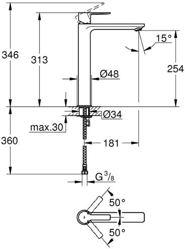 GROHE LINEARE umývadlová stojanková batéria, chróm 23405001 Technický nákres
