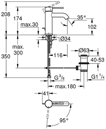 GROHE ESSENCE NEW umývadlová stojaková batéria, s odtokovou súpravou, studený štart, chróm 23591001 Technický nákres