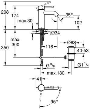 GROHE ESSENCE NEW umývadlová stojaková batéria, s odtokovou súpravou, studený štart, chróm 23591001 Technický nákres