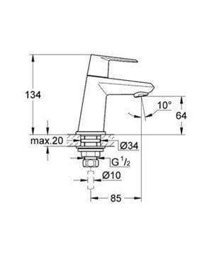 GROHE EURODISC COSMOPOLITAN umývadlová stojanková batéria pre jednu vodu, chróm 23051002 Technický nákres