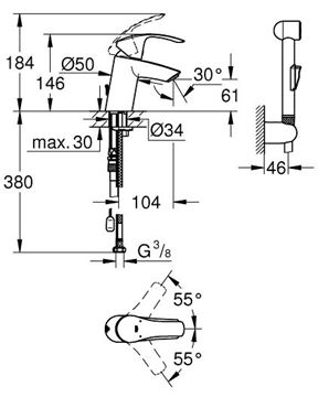 GROHE EUROSMART umývadlová stojanková batéria, s bidetovou sprškou, chróm 23124002 Technický nákres