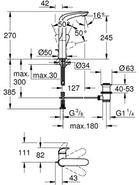 GROHE EUROSTYLE umývadlová stojanková batéria, s odtokovou súpravou, chróm 23718003 Technický nákres