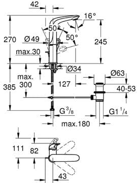 GROHE EUROSTYLE umývadlová stojanková batéria, s odtokovou súpravou, chróm 23569003 Technický nákres
