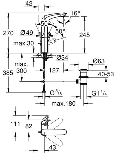 GROHE EUROSTYLE umývadlová stojanková batéria, s odtokovou súpravou, chróm 23569003 Technický nákres