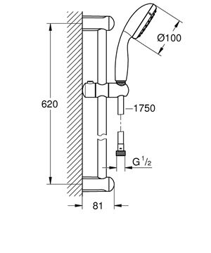 GROHE NEW TEMPESTA 100 sprchová súprava 3-dielna, ručná sprcha pr. 100 mm, 2 prúdy, tyč, hadica, Water Saving, chróm 26803000 Technický nákres