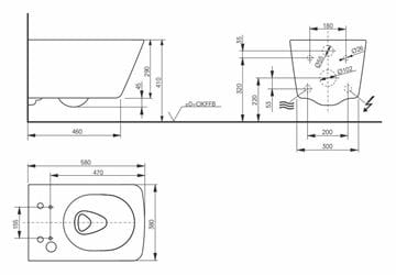 TOTO WASHLET závesné WC pre bidetové sedadlo NEOREST, Tornado Flush splachovanie CW522ERY Technický nákres