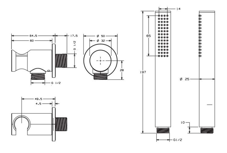 CONCEPT 200 BLACK sprchová súprava 3-dielna, ručná sprcha 197 mm, hadica, držiak, čierna PM09037/MB Technický nákres