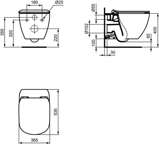 IDEAL STANDARD TESI závesné WC, so SoftClosing sedadlom, AquaBlade splachovanie, čierna T3546V3 Technický nákres