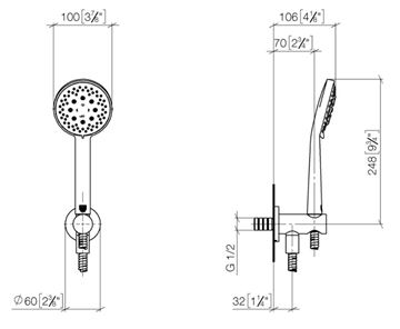 DORNBRACHT META sprchová súprava 3-dielna, ručná sprcha pr. 100 mm, 3 prúdy, hadica, držiak, matná čierna 27 813 660-33 Technický nákres