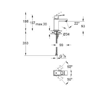 GROHE EUROCUBE umývadlová stojanková batéria, chróm 2313200E Technický nákres