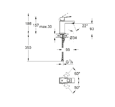 GROHE EUROCUBE umývadlová stojanková batéria, chróm 2313200E Technický nákres