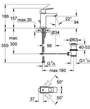 GROHE EUROCUBE umývadlová stojanková batéria, s odtokovou súpravou, chróm 2312700E Technický nákres