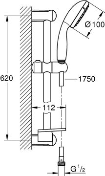 GROHE NEW TEMPESTA 100 sprchová súprava 4-dielna, ručná sprcha pr. 100 mm, 2 prúdy, tyč, hadica, polička, chróm 27926001 Technický nákres