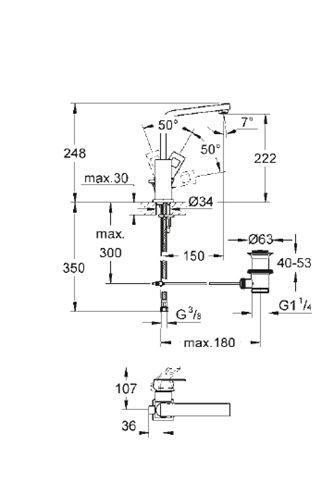 GROHE EUROCUBE umývadlová stojanková batéria 150mm, s odtokovou súpravou, chróm 2313500E Technický nákres