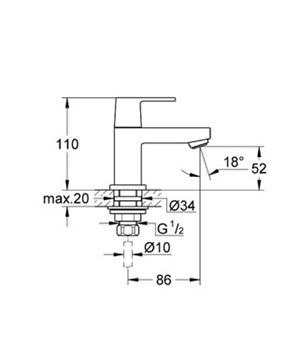 GROHE EUROCUBE umývadlová stojanková batéria, chróm 23137000 Technický nákres