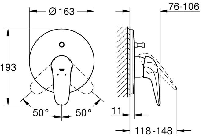GROHE EUROSTYLE vaňová podomietková batéria, s prepínačom, chróm 29099003 Technický nákres
