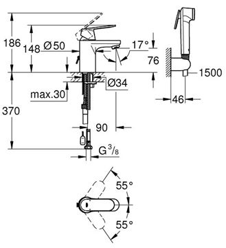 GROHE EUROSMART COSMOPOLITAN umývadlová stojanková batéria, s bidetovou sprškou, chróm 23125000 Technický nákres