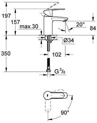 GROHE EUROSTYLE COSMOPOLITAN umývadlová stojanková batéria, chróm 2337320E Technický nákres