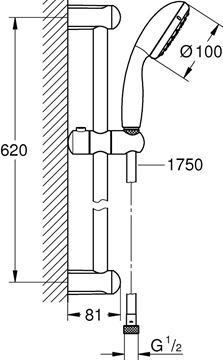 GROHE NEW TEMPESTA 100 sprchová súprava 3-dielna, ručná sprcha pr. 100 mm, tyč, hadica, chróm 27853001 Technický nákres