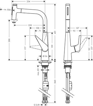 HANSGROHE TALIS SELECT M51 drezová batéria, s vyťahovacou sprškou, chróm 72823000 Technický nákres
