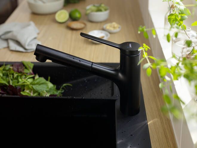 HANSGROHE ZESIS M33 drezová batéria, s vyťahovacou sprškou, sBox lite, matná čierna 74803670 Obrázek - fotka