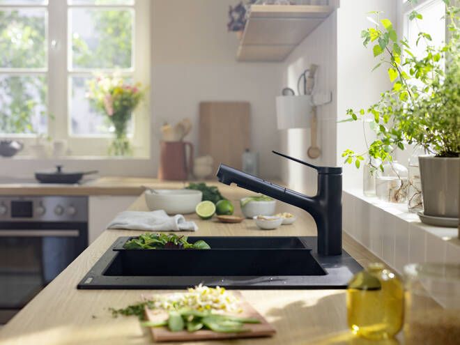 HANSGROHE ZESIS M33 drezová batéria, s vyťahovacou sprškou, sBox lite, matná čierna 74803670 Obrázek - fotka
