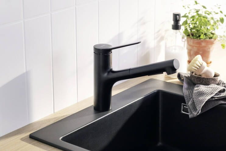 HANSGROHE ZESIS M33 drezová batéria, s vyťahovacou sprškou, sBox lite, matná čierna 74803670 Obrázek - fotka