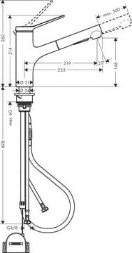 HANSGROHE ZESIS M33 drezová batéria, s vyťahovacou sprškou, sBox lite, matná čierna 74803670 Technický nákres