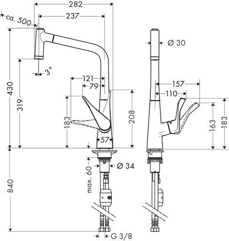 HANSGROHE METRIS M71 drezová batéria, s vyťahovacou sprškou, chróm 14820000 Technický nákres