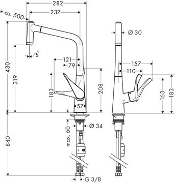HANSGROHE METRIS M71 drezová batéria, s vyťahovacou sprškou, chróm 14820000 Technický nákres