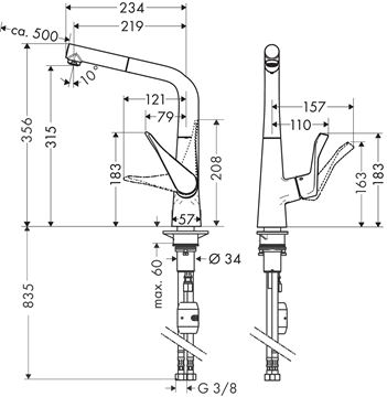 HANSGROHE METRIS M71 drezová batéria, s vyťahovacou koncovkou, EcoSmart, chróm 14781000 Technický nákres