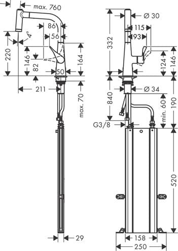 HANSGROHE METRIS M71 drezová batéria, s vyťahovacou sprškou, sBox, nerez 73800800 Technický nákres