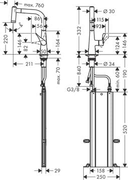 HANSGROHE METRIS M71 drezová batéria, s vyťahovacou sprškou, sBox, nerez 73800800 Technický nákres