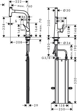 HANSGROHE METRIS SELECT M71 drezová batéria, s vyťahovacou sprškou, sBox, chróm 73802000 Technický nákres