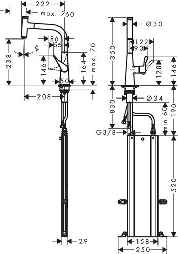 HANSGROHE METRIS SELECT M71 drezová batéria, s vyťahovacou sprškou, sBox, chróm 73802000 Technický nákres