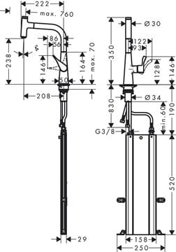 HANSGROHE METRIS SELECT M71 drezová batéria, s vyťahovacou sprškou, sBox, nerez 73802800 Technický nákres