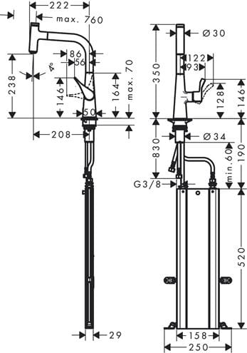 HANSGROHE METRIS SELECT M71 drezová batéria, s vyťahovacou sprškou, sBox, nerez 73802800 Technický nákres