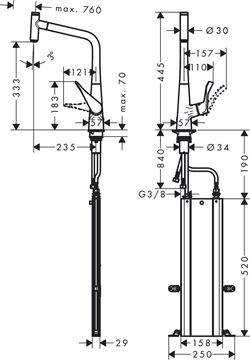 HANSGROHE METRIS SELECT M71 drezová batéria, s vyťahovacou sprškou, sBox, EcoSmart, chróm 73807000 Technický nákres