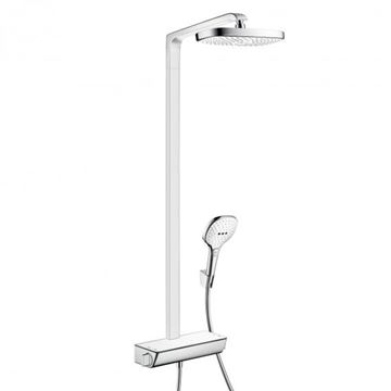 HANSGROHE RAINDANCE SELECT E SHOWERPIPE 300 sprchový set s temostatickou batériou, horná sprcha, ručná sprcha s 2 prúdmi, tyč, hadica, držiak, EcoSmart, biela/chróm