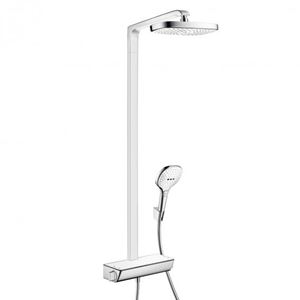 HANSGROHE RAINDANCE SELECT E SHOWERPIPE 300 sprchový set s temostatickou batériou, horná sprcha, ručná sprcha s 2 prúdmi, tyč, hadica, držiak, EcoSmart, biela/chróm