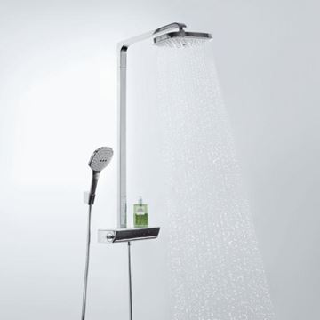 HANSGROHE RAINDANCE SELECT E SHOWERPIPE 300 sprchový set s temostatickou batériou, horná sprcha, ručná sprcha s 2 prúdmi, tyč, hadica, držiak, EcoSmart, chróm 27282000 Obrázek - fotka