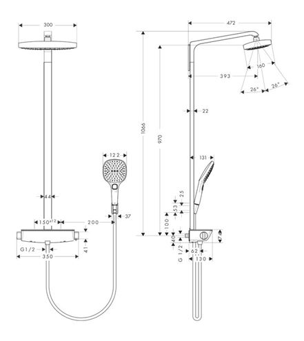 HANSGROHE RAINDANCE SELECT E SHOWERPIPE 300 sprchový set s temostatickou batériou, horná sprcha, ručná sprcha s 2 prúdmi, tyč, hadica, držiak, EcoSmart, chróm 27282000 Technický nákres